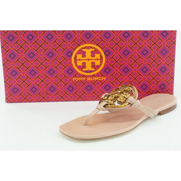 Tory Burch Jeweled Miller Leather Thong Sandal SZ 7 Logo Meadowsweet $298 New - Picture 1 of 12